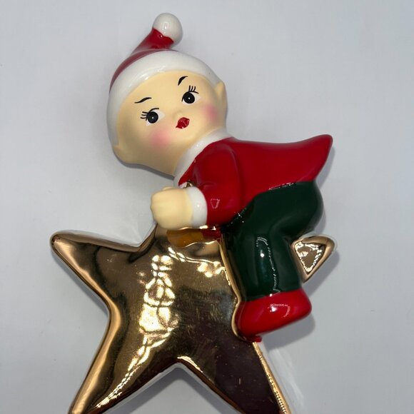 Retro Ceramic Red Elf Pixie Santa's Helper Sitting on a Golden Star Christmas - Picture 9 of 10